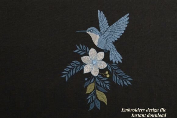 Blue Hummingbird Flying Floral Black Embroidery