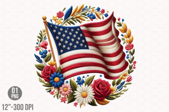 Charming Embroidery Floral America Flag Design