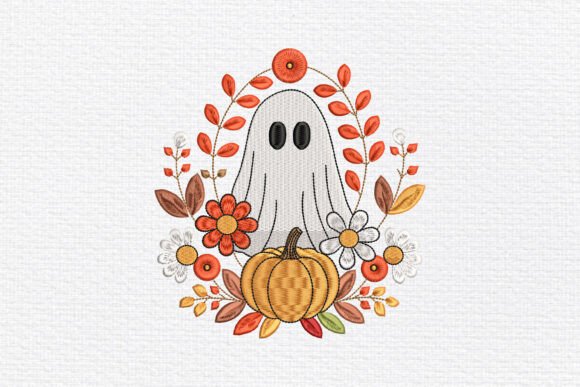 Charming Floral Ghost Pumpkin Embroidery