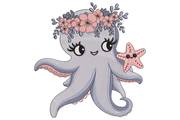 Charming Octopus with Floral Crown Embroidery