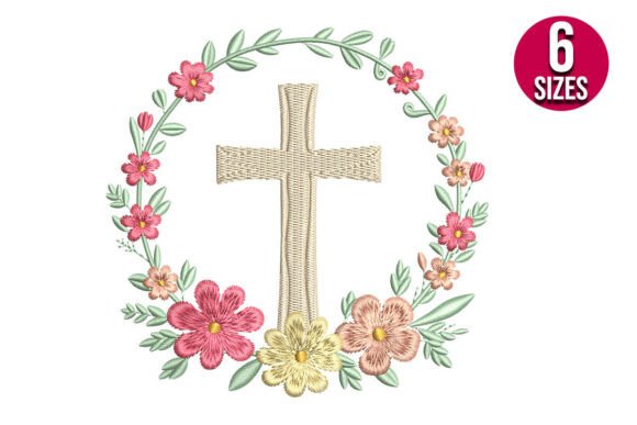 Cross with Floral Wreath: A Graceful Embroidery Design