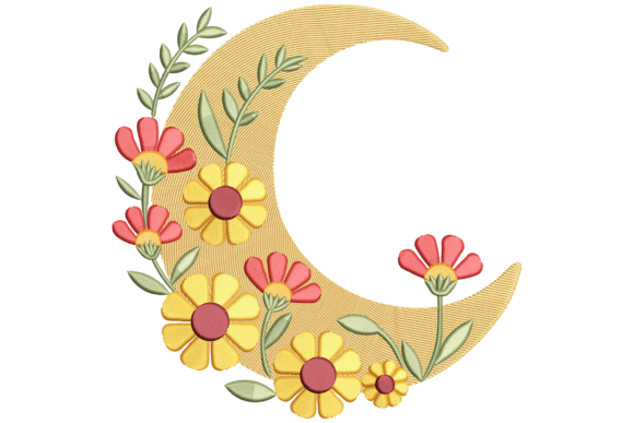 Floral Crescent Moon: A Heavenly Embroidery Design