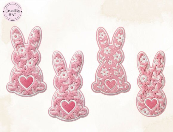 Pink Floral Bunny Embroidery PNG for Spring