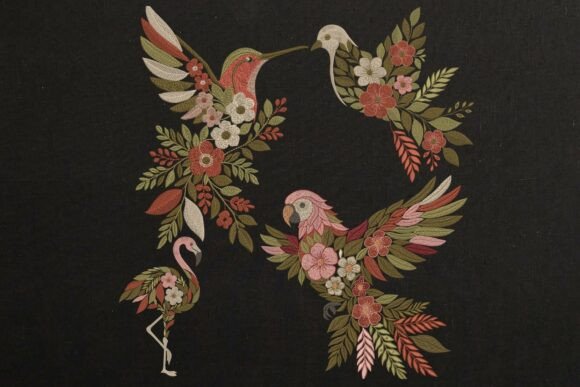Review: Set of 4 Floral Tropical Birds in Black